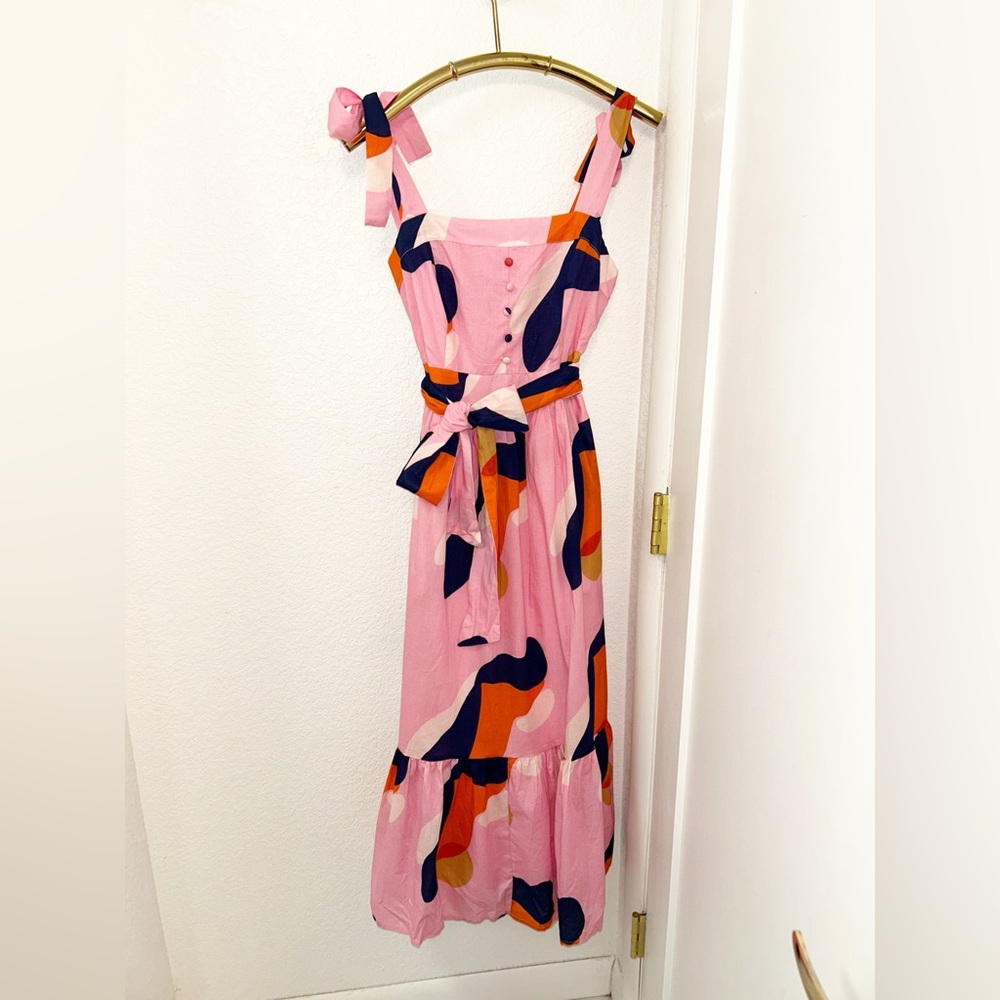 CIEBON The Roma 💯 Cotton Belted Maxi Dress Tie Straps Pink Abstract SZ: Small - Picture 2 of 15